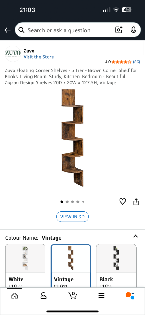 Zuvo 5-Tier Floating Corner Shelf – Vintage Brown, New