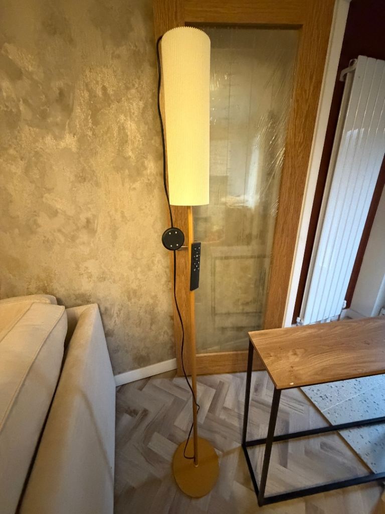 Modern Standing Floor Lamp with White Linen Shade & Remote