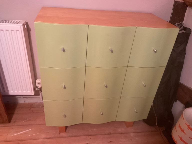 Vintage Ikea green gloss curved drawer unit