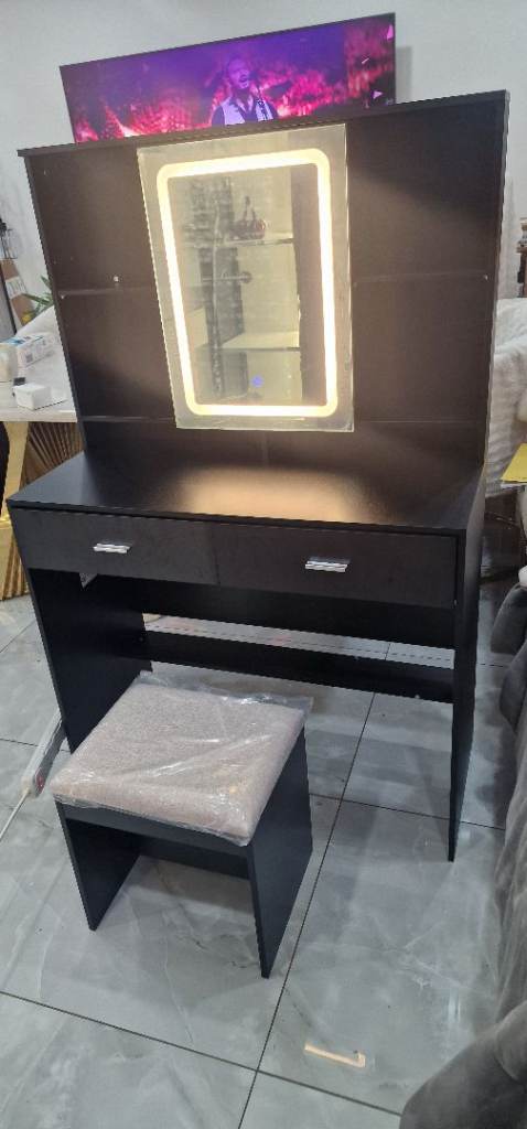 Black Dressing Table with LED Mirror and Stool – New