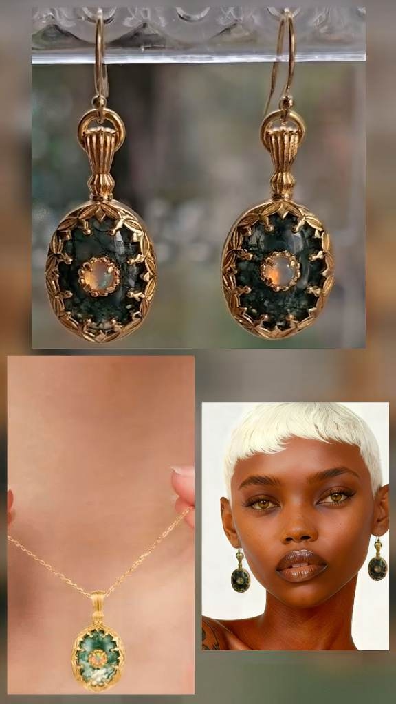 VERMIEL Natural Opal And Green Moss Agate- Solid 925 Silver- 10k Gold Plated