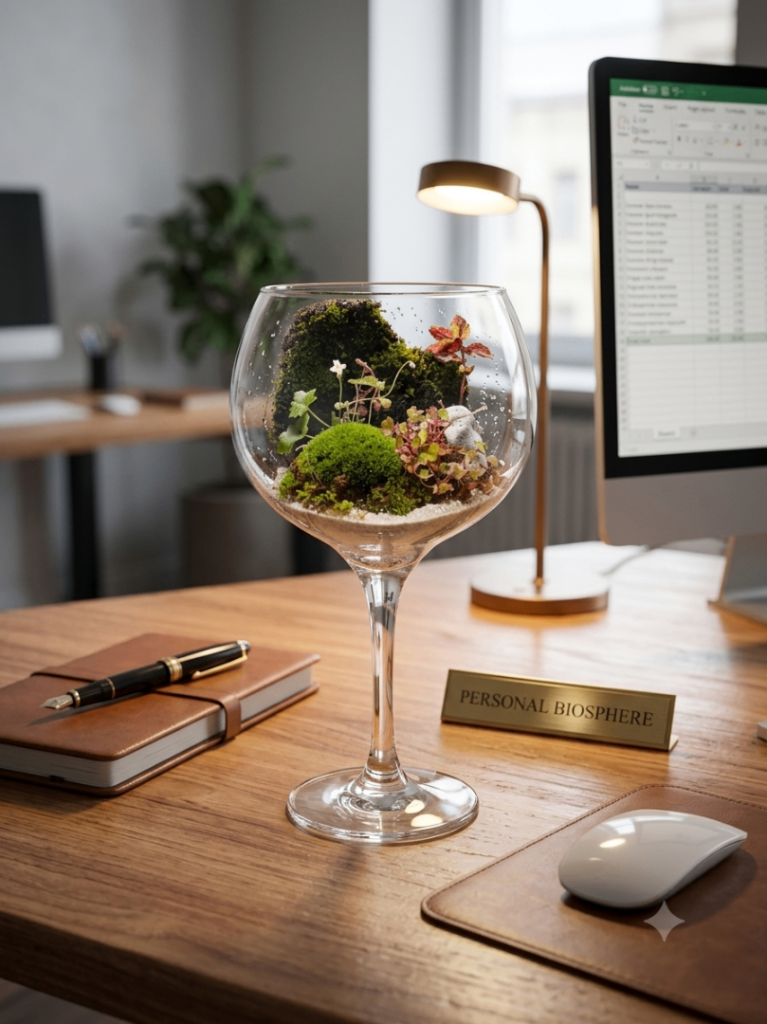 Terrarium with live culture in a wine glass. 