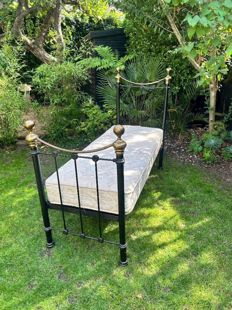 Black Metal Single Bed Frame with Brass Accents