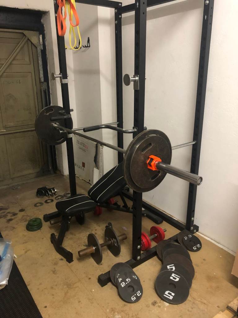 image for Complete Home Gym Bundle Olympic Weights 110kg Barbell Rack Bench Dumbbells