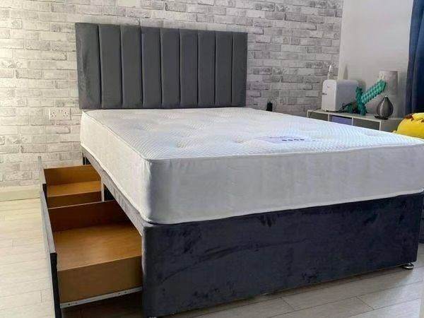 Same Day Delivery -4FT6 Divan Double Bed base With Headboard & OPt Mattress & Storage Drawer COD 