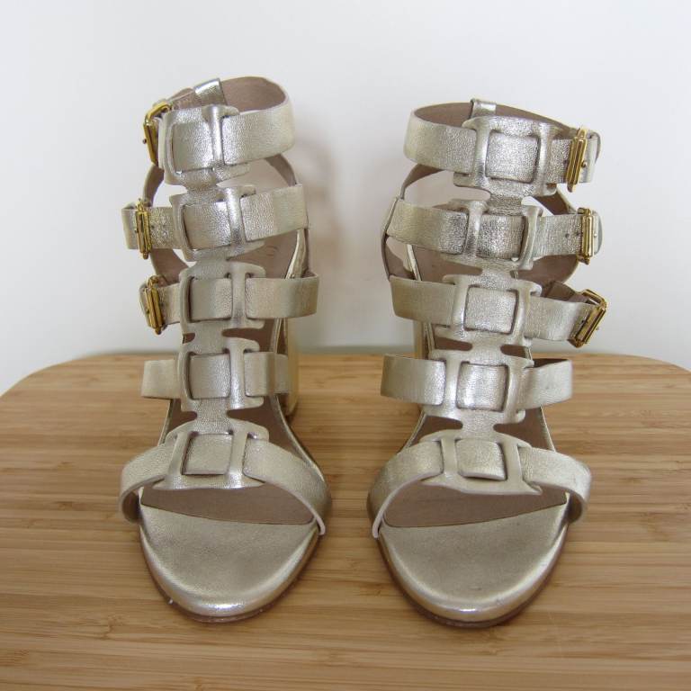 Womens silver multi-buckle sandals 3" heel size 5