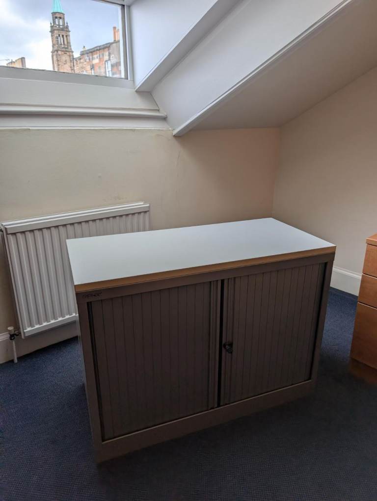 Grey Office Storage Cabinet with Roller Doors and key– Good Condition