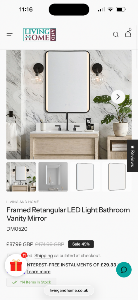 LIVING AND HOME Framed Rectangular LED Light Bathroom Vanity Mirror