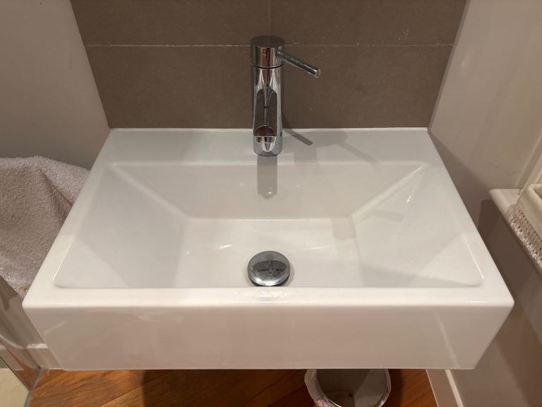 White Ceramic Bathroom Basin with Chrome Tap