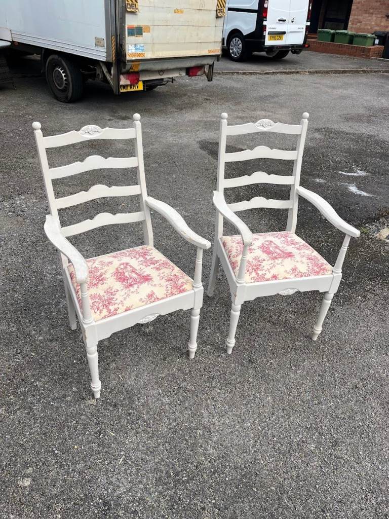  Pair Painted Carver Chairs – Shabby Chic Upcycled – Wooden Armchairs