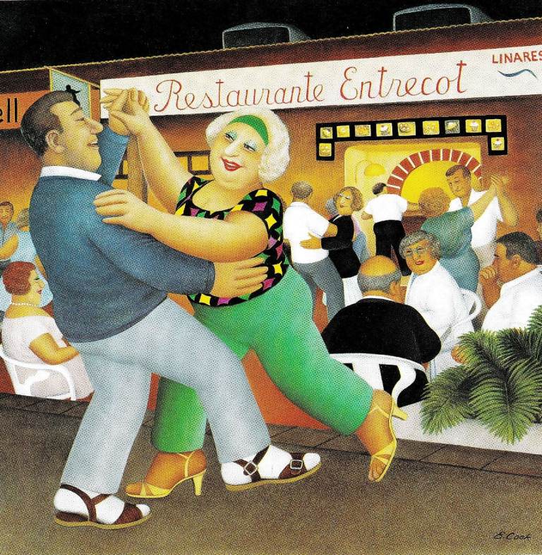 06. A framed original print DANCING AT A RESTAURANT featuring BERYL COOK