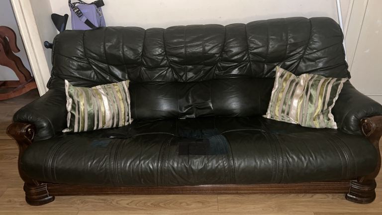 FREE……..Leather & wood sofa and 2 chairs