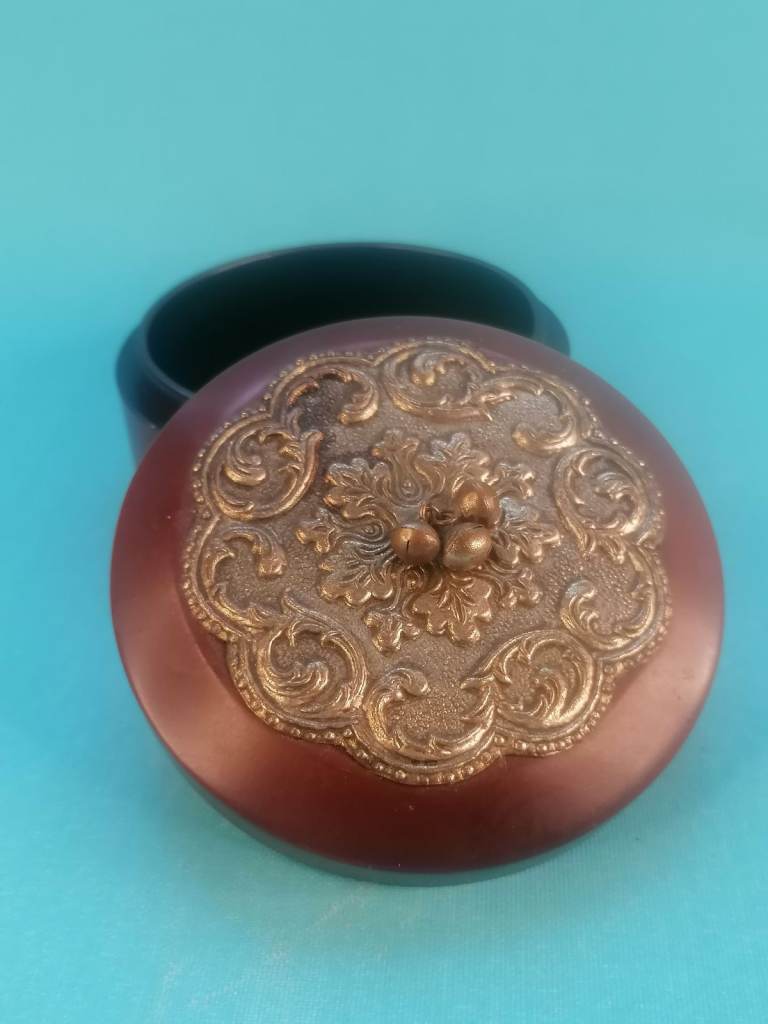 Vintage Wooden Jewelry Box with  decorative  metal lid on top. As seen.