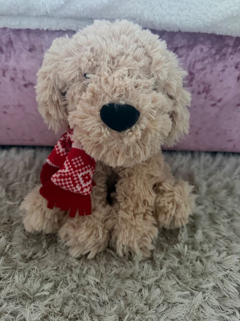 Cute Beige Dog Soft Toy with Red Scarf – As Good As New 