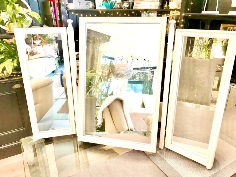 White triple adjustable dressing table mirror, stand alone, tilting action 