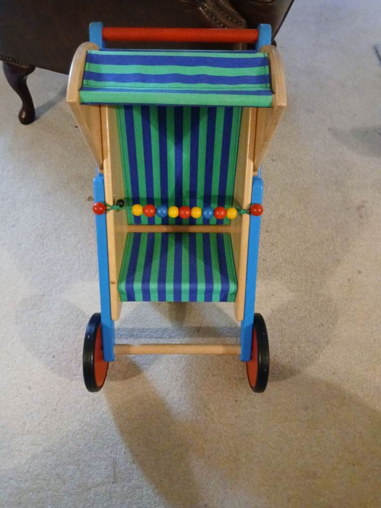 Bajo Blue Doll's Buggy, Wooden, Good Condition