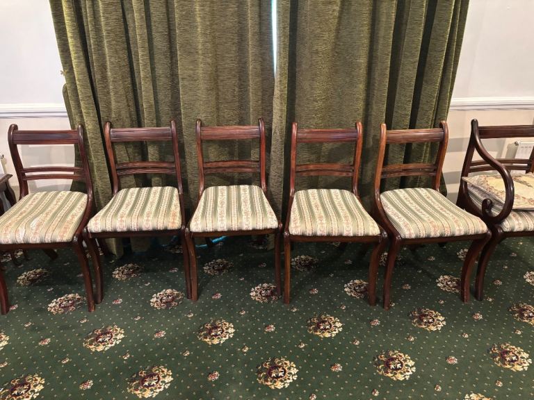 Set of 6 Wooden Dining Chairs with Striped Upholstery – Good Condition
