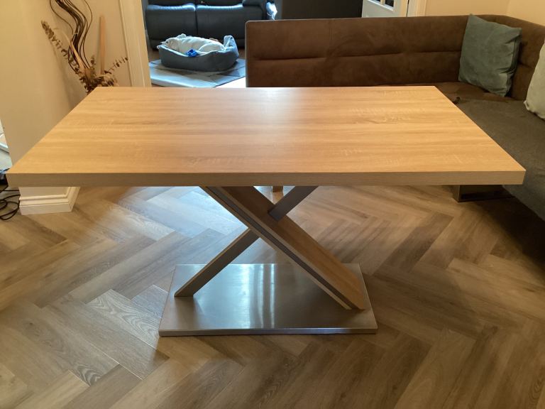 As New Wooden Top Dining Table With Satin Steel Base Exc Condition + 3 Seater Bench