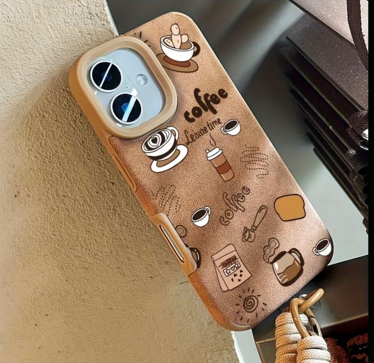 New Brown iPhone Case with 'Coffee' Design and Wrist Strap