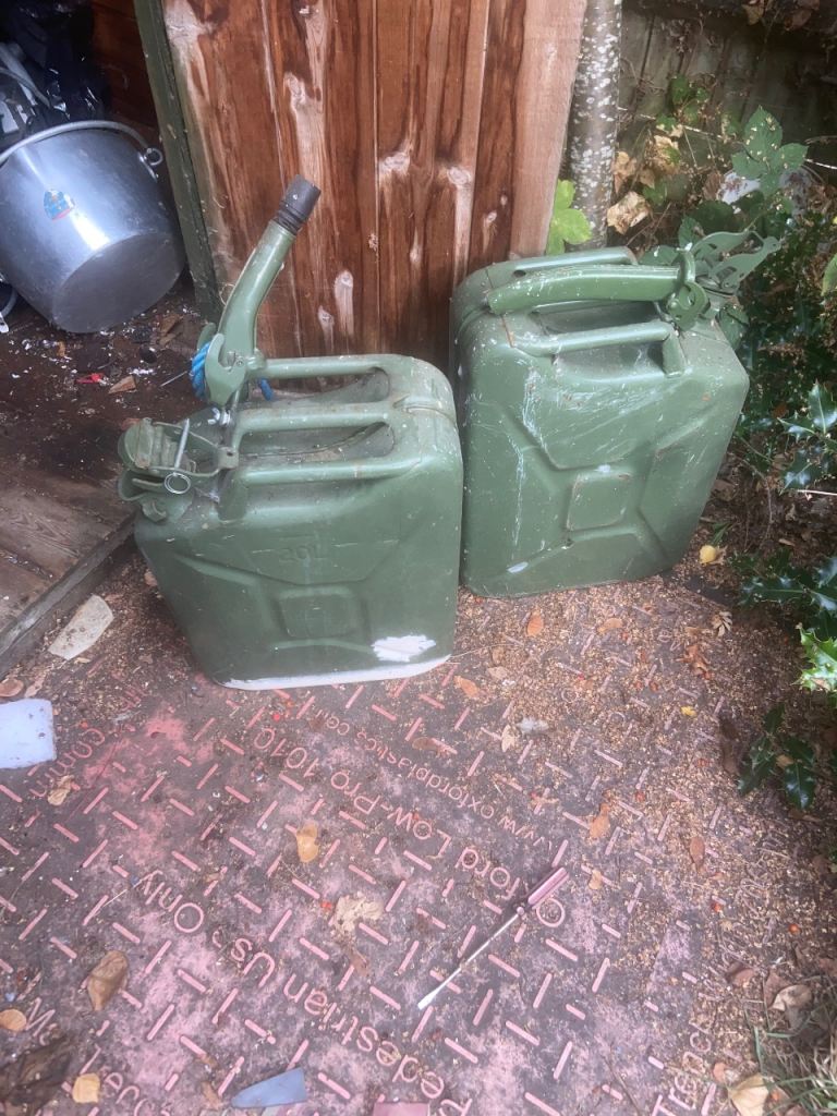 Two Green Metal Jerry Cans with Spout – Fair Condition