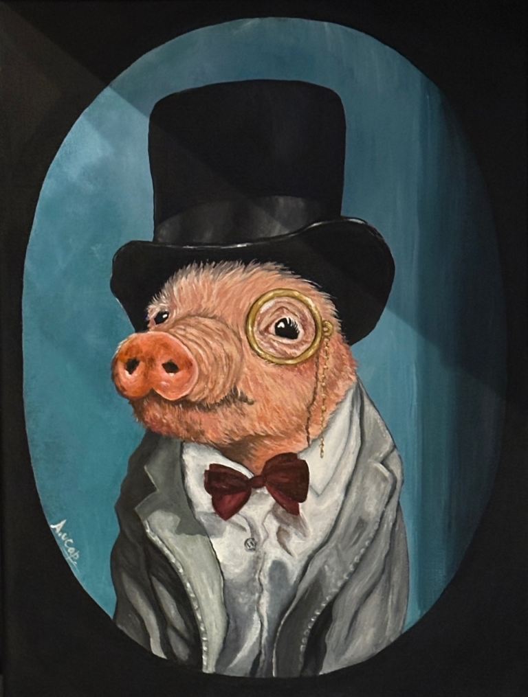 Charming Pig in Top Hat original acrylic painting