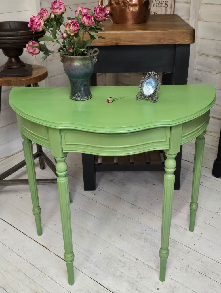 Vintage Half Moon Painted Console Table With Secret Drawer