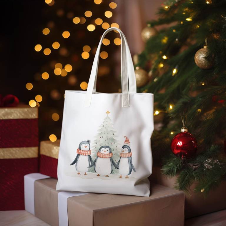Three Penguins Christmas Tote Bag | Reusable Festive Shopper Shopping Holiday Gift
