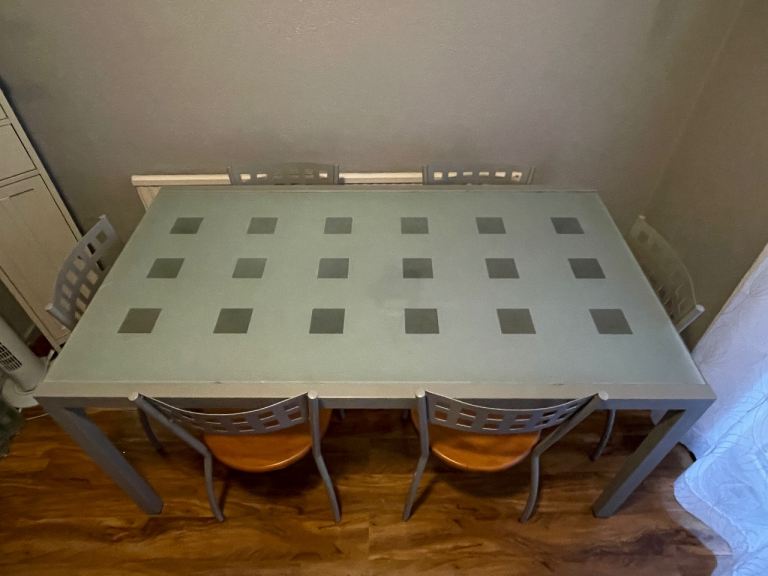 Large Glass & Metal Dining Table (160×90cm) + 6 Chairs – Solid & Stylish