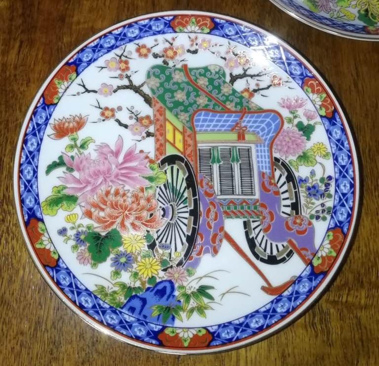 3 x Japanese Decorative Plates 16cm Rickshaw Birds Flowers Possibly Eiwa Kinsei?