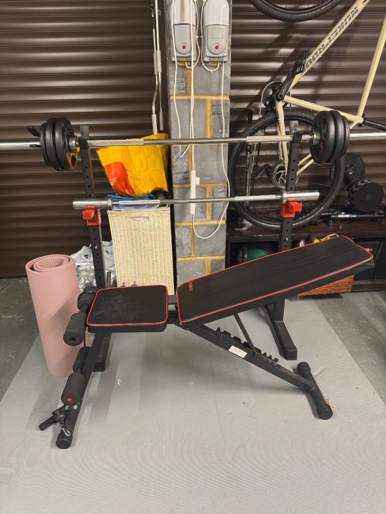 Adjustable Weight Bench with Barbell Rack – Good Condition