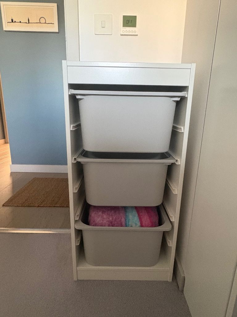 White Storage Unit with 3 Grey Bins – Good Condition
