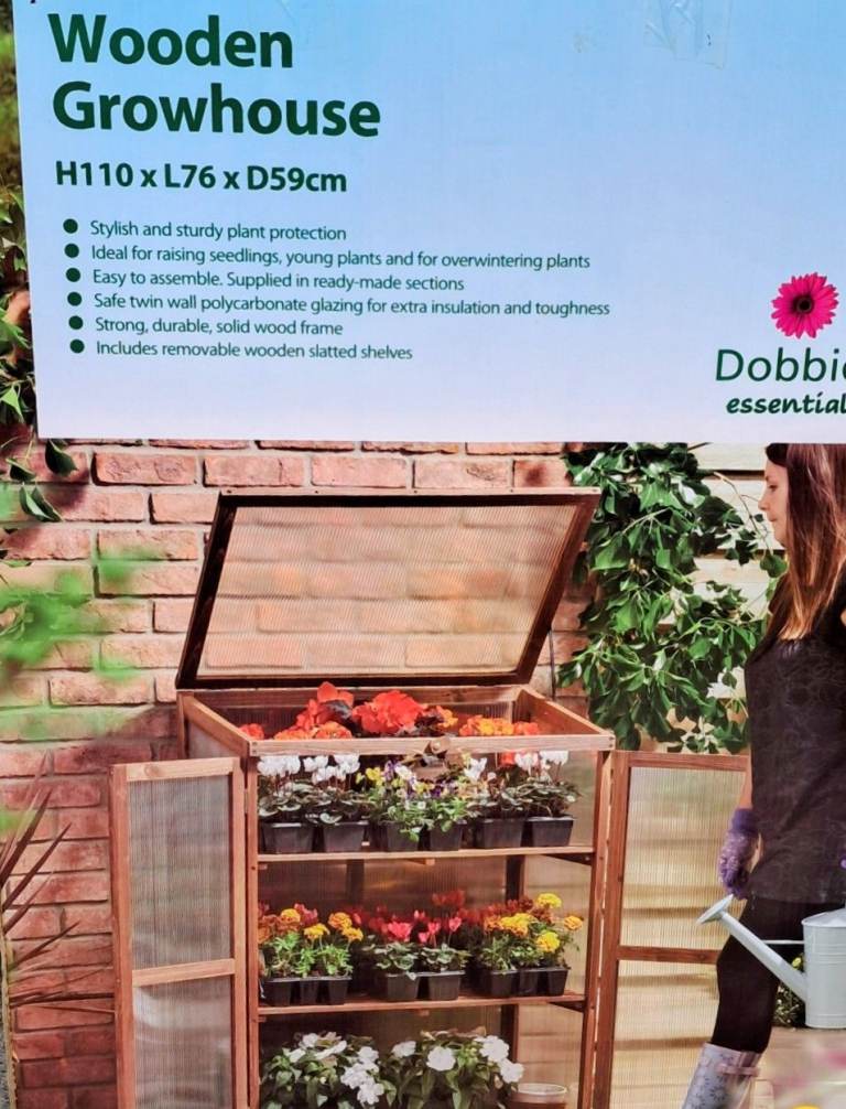 New boxed dobbie wooden greenhouse / growhouse with wooden shelves 