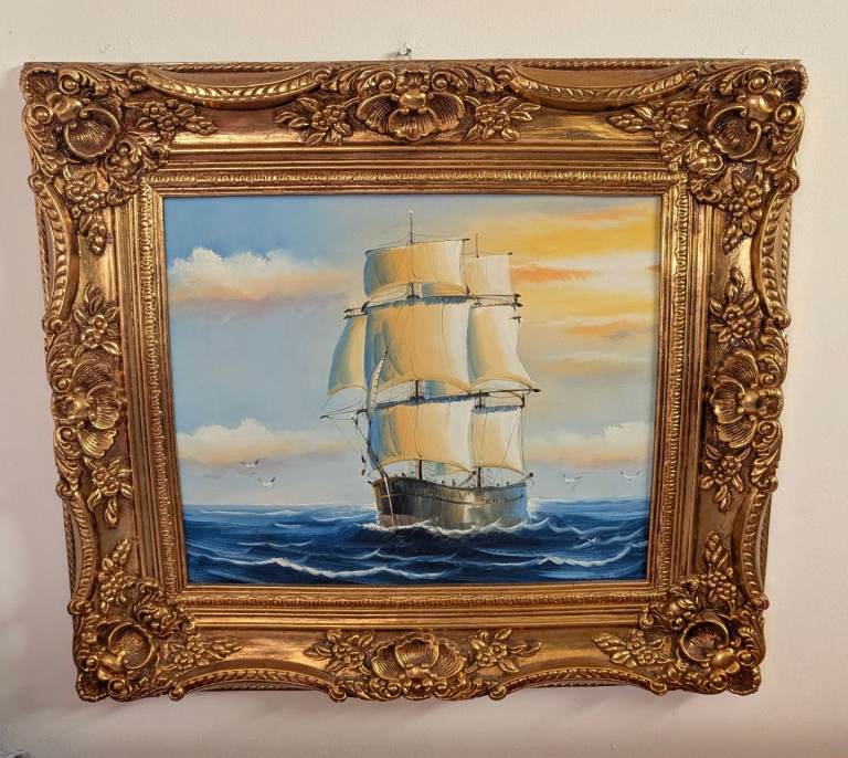 Large Framed Oil Painting of Sailing Ship