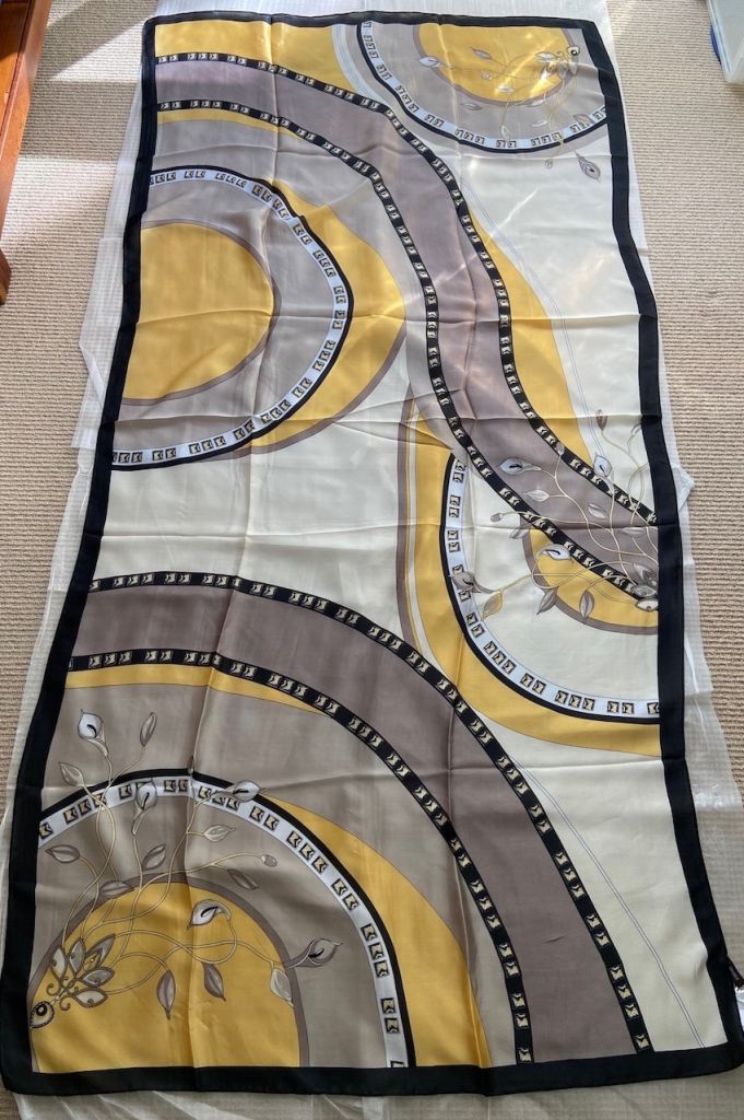 New 100% Silk Scarf, by ShineMe, in taupe and yellow design