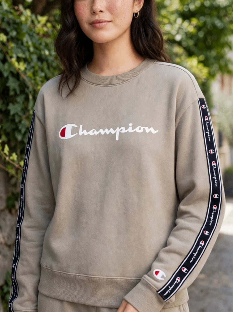 Champion Beige Tape Sweatshirt - Womens Crew Neck Sweatshirt