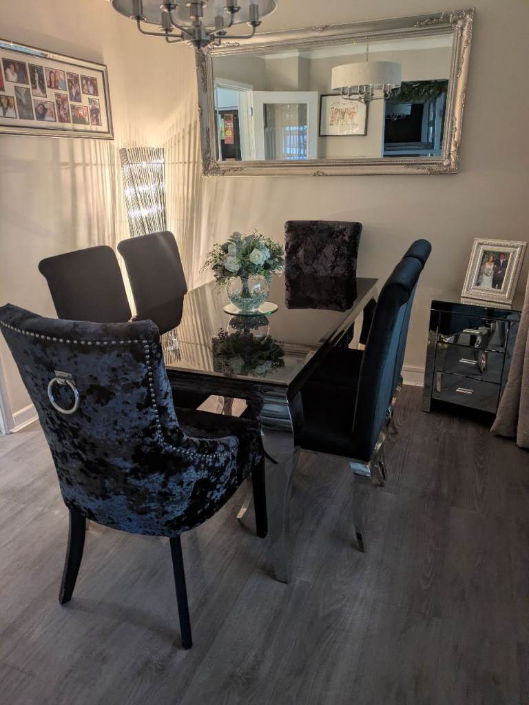 image for Chrome and black dining table with 6 chairs, console table and coffee table 