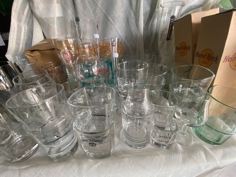 50 plus Branded glasses Whisky Bailey Gin ect. Ideal for garden pub man cave 