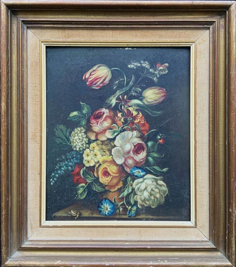 Beautiful Late 19th-Century Dutch Antique Still Life Tulips & Roses Oil Painting
