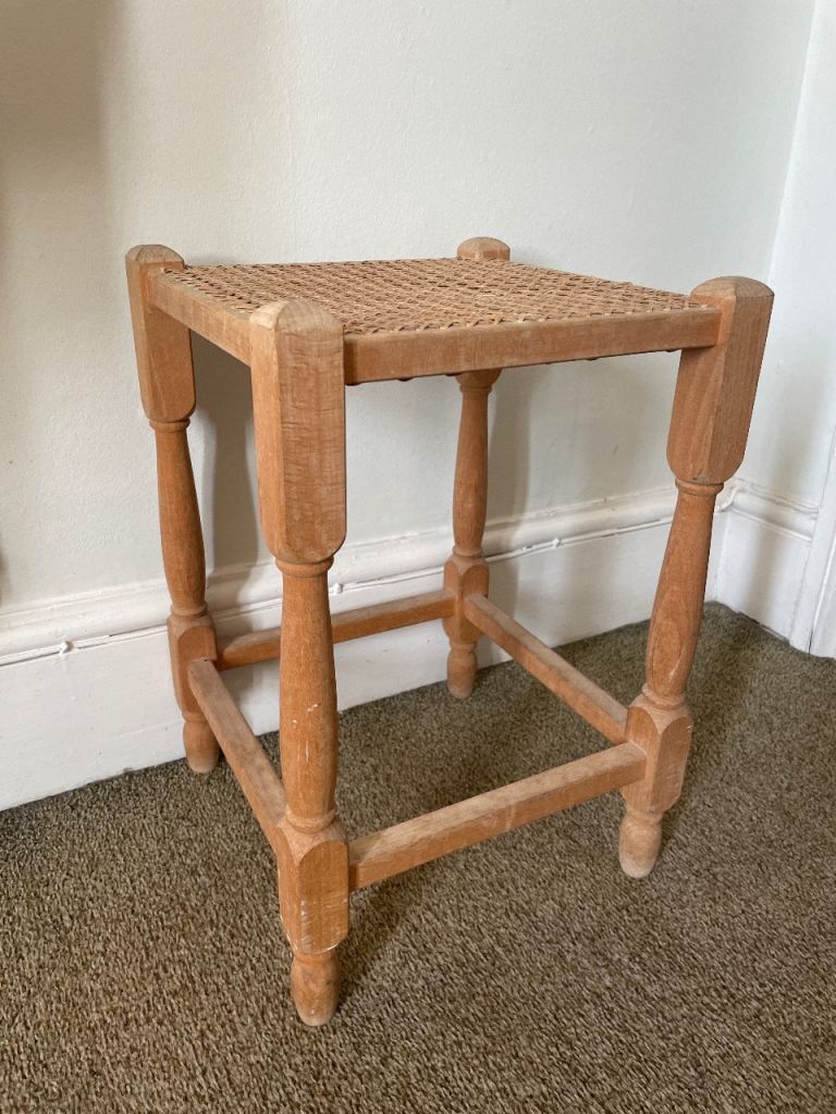 Small Wooden Stool with Woven Top – Good Condition