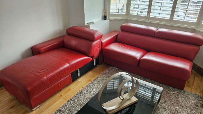 Red Leather Sofa and Chaise Longue Set