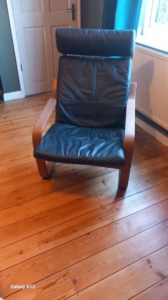 Black Leather and Wood Armchair – Good Condition
