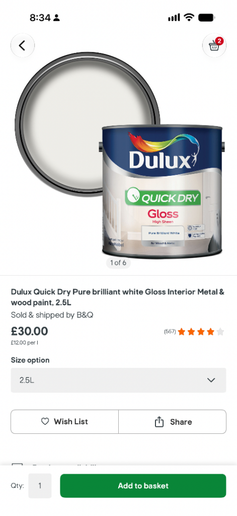 Dulux Quick Dry Pure Brilliant White Gloss Paint 2.5L