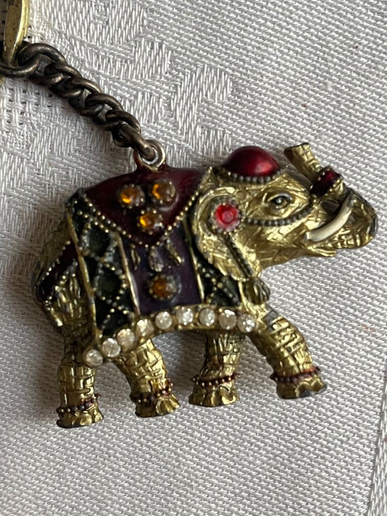 Past Times Ornate Elephant Keyring – Enamel & Rhinestone Gold Tone
