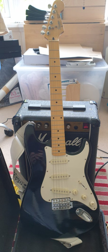 image for Fender Squire Stratocaster Guitar, with Marshall Amplifier and Danelectro Cool Cat Chorus effect.