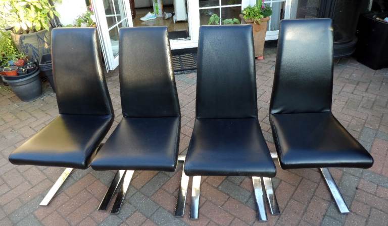 4 Black Faux Leather Dining Chairs With Chrome Feet Z Shape Sturdy Feet