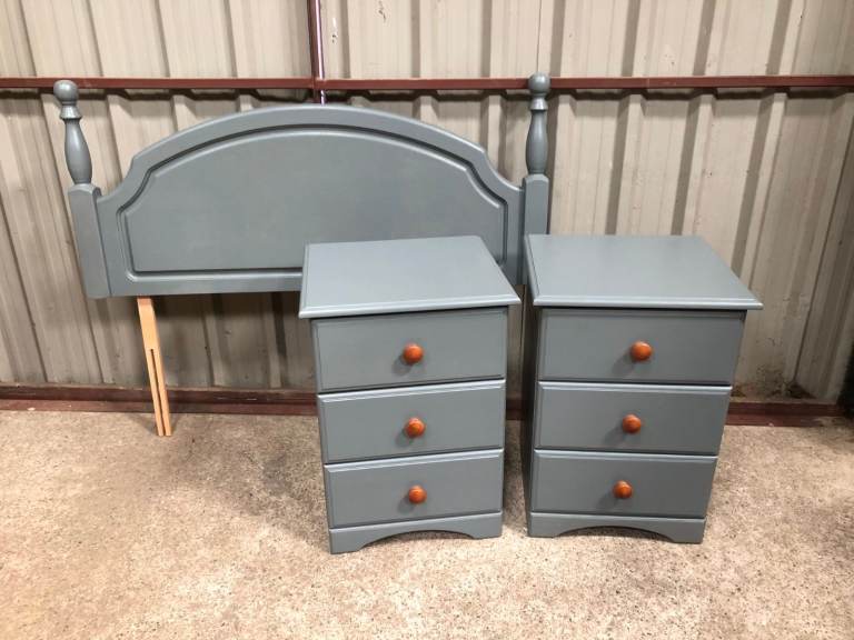 3 Drawer Pine Bedside Cabinets and Matching Headboard Upcycled in Grey