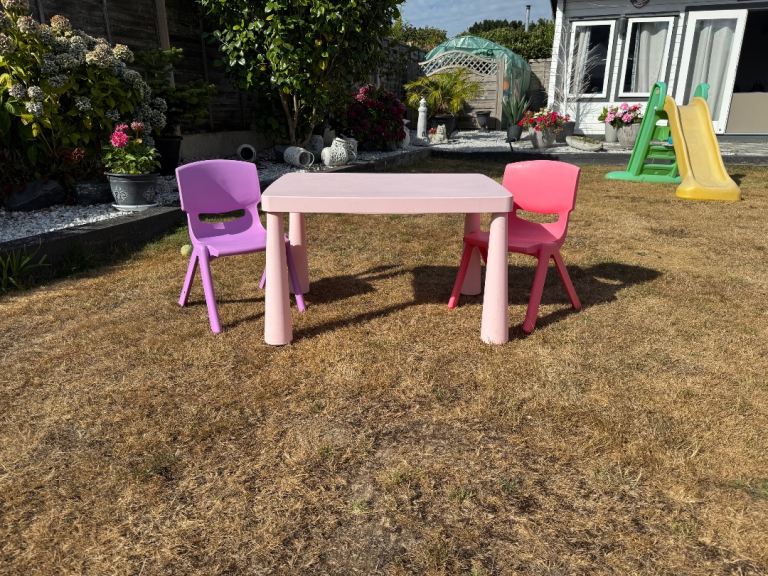 Kids' Plastic Table and Chairs Set – Pink and Purple, Good Condition