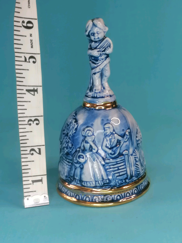 6-inch Vintage Blue Bell Cherub Cupid Lovers Glaze Faience Ceramic. 