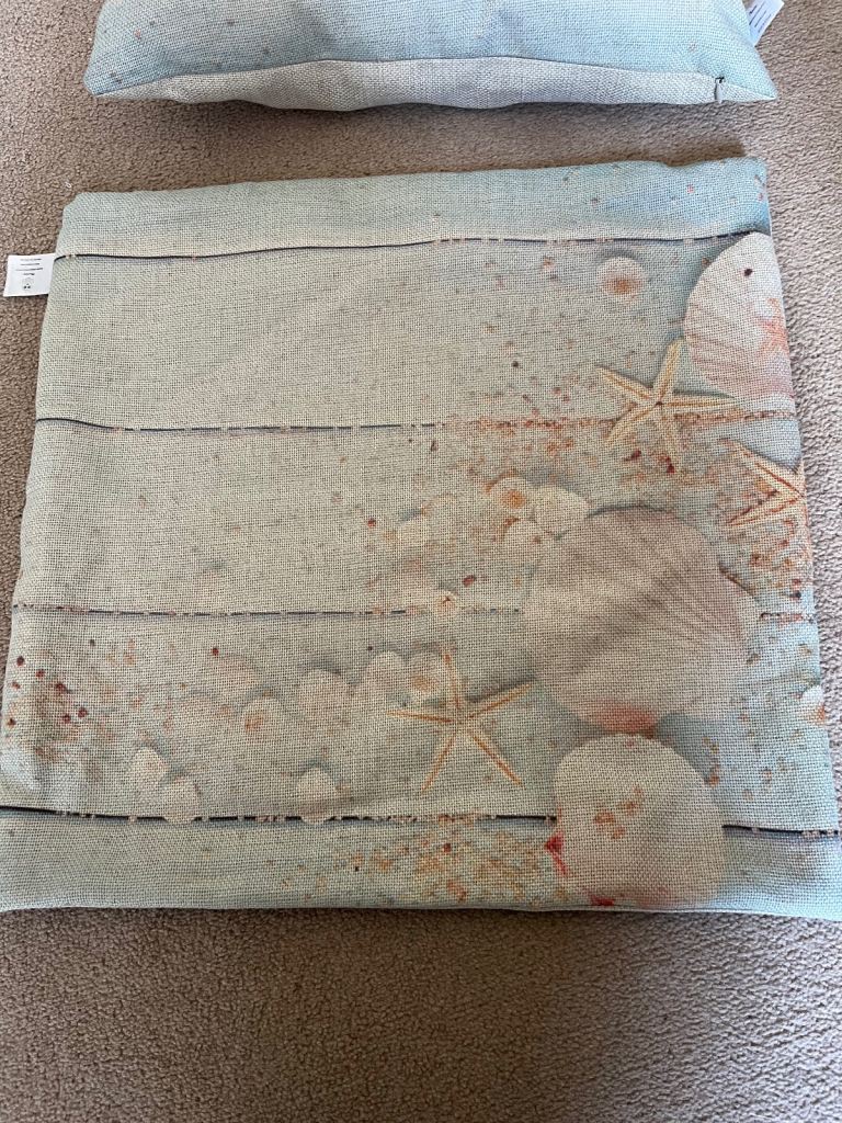 2 x CUSHION COVERS - SEASHELLS AND STARFISH - PLAIN ON REVERSE. 45CM SQUARE