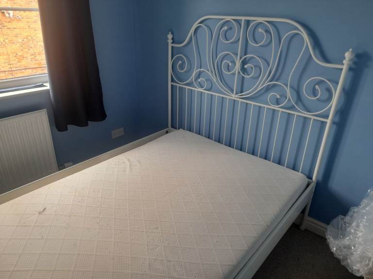 * AVAILABLE * Ikea LEIRVIK White Metal Double Bed Frame With Small Double Foam Mattress 